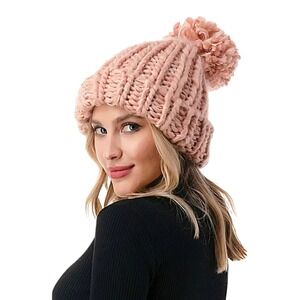 Marcus Adler Luxe Chunky Knit Pom Winter Beanie Pink Cuffed One Size